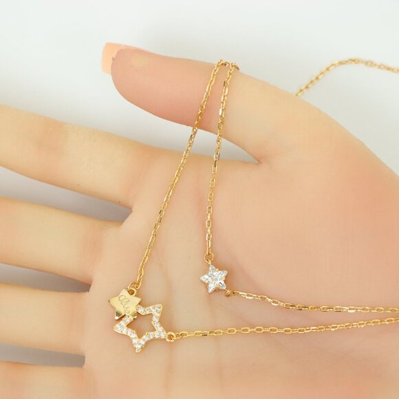 "Double-Layered Rose Gold Necklace with Sparkling Star Charms, XPNL0152 - Picture 6 of 14